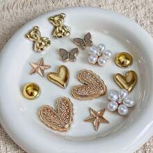 14 Pieces Of Gold Bear, Heart-Shaped, ABS Pearl, Rhinestone Heart-Shaped, Butterfly, Flower Shoe Clip DIY Decoration, Suitable For Women's Sandals, Slippers, Beach Bags, Perfect Gifts For Festivals And Birthday Parties - Gold - View 5