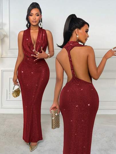 AIJ Amarilo Women's Autumn And Winter Solid Color High Elastic Backless Swing Neck Braid Elegant Date Party Dress Summer