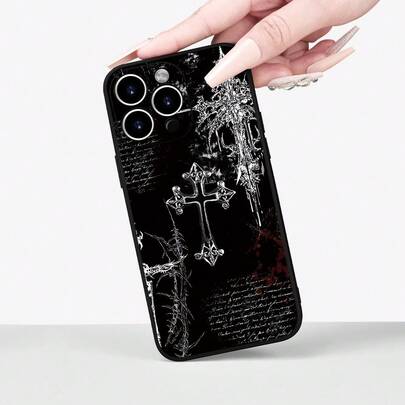 Funda gótica oscura, cruces metálicas blanco y negro con texto manuscrito, metal retro