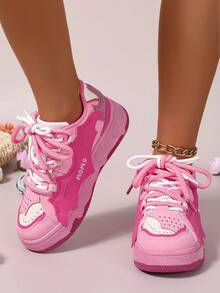 Women's Lace Up Shoes, Round Toe Thick Soled Shoes, European And American Style Sports Shoes, Fashionable Sports Shoes, Color Matching Sports Shoes, Metal Thick Soled Sports Shoes, Women's Sports Shoes, Lace Up Sports Shoes - 玫瑰紅 - 查看 5