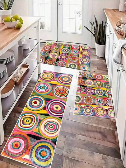 1 件波西米亚风图案涤纶地毯，彩色条纹区域垫 - 长方形可机洗涤纶垫，带有明亮的圆形图案，防滑底背，适用于客厅、卧室、咖啡桌 - 度假屋装饰，客厅垫 | 亮丽的地板覆盖物 | 涤纶垫，客厅地毯
