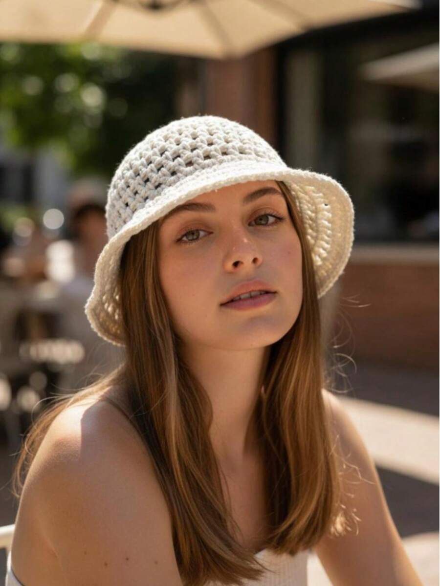 Handmade Crochet Beach Hat Cotton Summer Bucket Hat Headpiece - 原油 - 查看 1