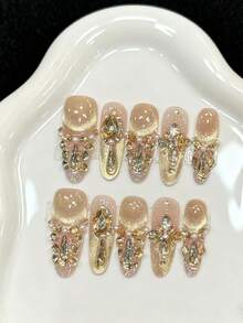 10pcs Handmade Oval-Shaped Nail Stickers, Suitable For Parties And Daily Wear, Gold Color Nails, Beautiful And Shiny, Easy To Apply Nail Supplies - Gold - View 11