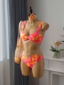 Bellisia 3 pièces/Set Top à bretelles et bikini imprimé floral aléatoire pour femmes, tenue de plage d'été - Multicolore - Voir 2