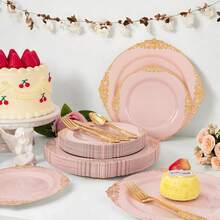 125PCS Plastic Plates - Elegant And Gold Dinnerware Set - Heavy Duty Disposable Plates With Gold Silverware Sets For 25 Guests For Wedding & Party & Bridal Shower - Pink - View 7