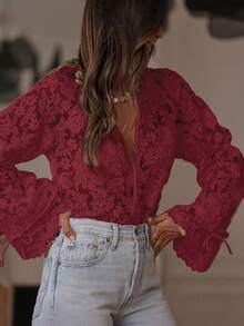 ii 女士优雅刺绣蕾丝薄纱衬衫，适合度假和春季穿着 - 酒紅色 - 查看 3