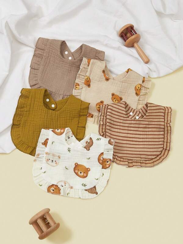 5pcs Soft & Comfortable Baby Bibs With Cute Bear Striped & Floral Patterns, Ruffled Edges