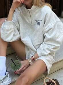 女士秋冬新款基础款美式街头风小logo字母印花休闲半高领拉链长袖卫衣，时尚百搭，保暖 - 灰色 - 查看 12