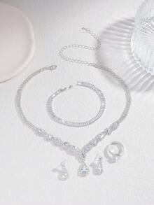 4-teiliges luxuriöses und elegantes quadratisches Zirkonia-Funkeljuwelen-Set für Bräute, inklusive Halskette, Ohrringe und Armband, charmantes Partyzubehör für Frauen