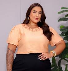 Blusa Camisa Feminina Plus Size Bordada Festa - Laranja - Visão 4