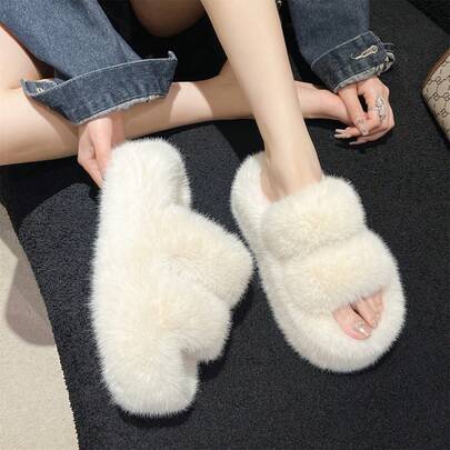 2025新款女士厚底高跟毛绒拖鞋，户外秋季新款仙女风小懒人厚底拖鞋，室内办公拖鞋，尺码34-42