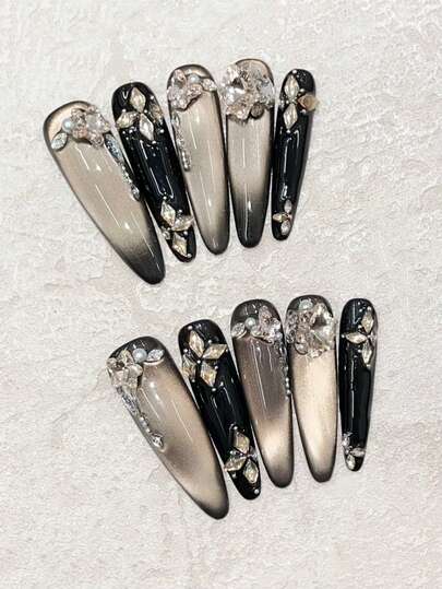 10片装奢华闪亮黑金猫眼美甲贴纸，可重复使用手工美甲贴片，适合约会、派对、音乐会、送礼等场合，美甲用品，手工按压式美甲贴片