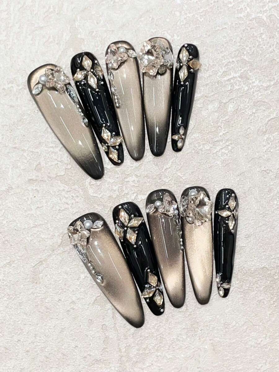 10片装奢华闪亮黑金猫眼美甲贴纸，可重复使用手工美甲贴片，适合约会、派对、音乐会、送礼等场合，美甲用品，手工按压式美甲贴片 - 黑色 - 查看 1