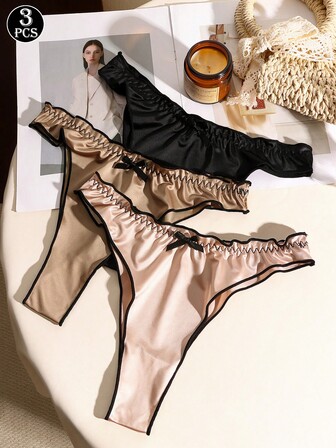 Three Pieces Set Of Women's Bowknot Sheer And Sexy Women's Thong Underwear, Girly Thong Underwear