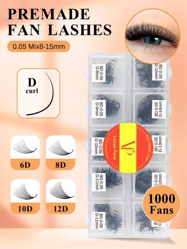 Abanico de volumen prealimentado VP 1000 de 6D/8D/10D/12D, pestañas postizas rusas de tallo largo y esponjosas de 0,05 mm, extensión de pestañas de abanico de todos los tamaños 8-15 mix