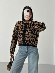 Modischer Lässig Leopard Jacquard Cardigan für den Herbst - Schwarz - Übersicht 7
