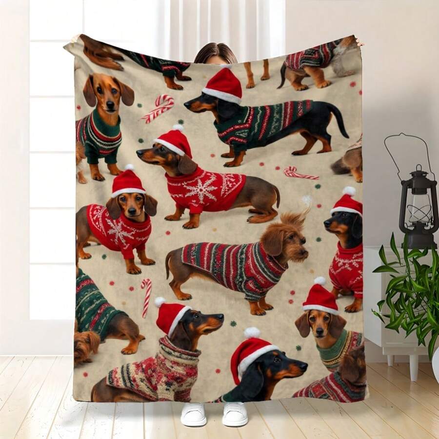 Super Soft Cute Dachshund Prints Flannel Printed 3D Blanket, As Birthday Gifts, Family, Wedding, Souvenir Blankets, Polyester Blankets Suitable For All Seasons, Washable, Machine Washable, Lightweight, Breathable, Comfortable, Warm, Unique, 280gsm For Him, Her Personalized Ideal Gifts For Her, Him, Family, Boyfriend, Girlfriend, Father, Family, Mother, Lover, Daughter, Son, Grandfather, Grandmother, Friend, Classmate, Pet.   Perfect Nap, Camping, Travel, Home, Daily Life, Office Decoration, Birthday, Anniversary, Valentine's Day, Thanksgiving, Christmas, Halloween, Mother's Day, Father's Day, Wedding, New Year Gifts ,Sofa,Bed,Car,Bedroom,Living Room,Office,  Outdoor Camping, Beach,Wall Decoration - 多色40 - 查看 1