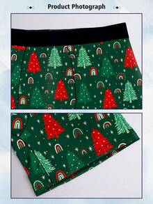 Naughty And Cute Home Leisure Men's Long Boxer Briefs, Milk Silk Knitted Fabric, Soft And Skin-Friendly, Quick-Drying And Breathable, Christmas Tree Pattern Print, Christmas Gift, 1 Pack Men's Novelty Shorts