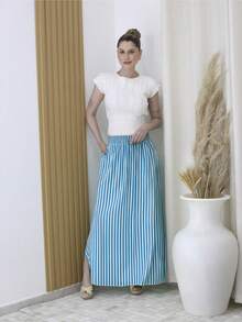 Steve Store Women's Fashion Striped Viscose Skirt With Lining, Pocket And Side Slit, Elasticated Waist - Màu xanh lam - Xem 1