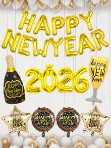 19 piezas/Set Decoraciones de Bandera de Fiesta de Año Nuevo 2026, Incluye Globos con Número 2026, Copas de Vino de Año Nuevo, Botellas de Vino, Globos de Pentágono, Globos con Letras, Adecuado para Decoraciones de Año Nuevo 2026, Suministros de Fiesta de Víspera de Año Nuevo 2026, Decoraciones Navideñas