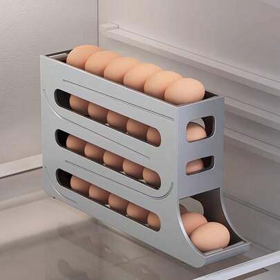 1个四层鸡蛋分发器，自动滚动式冰箱鸡蛋收纳盒，可容纳30枚鸡蛋，节省空间，冷藏收纳，滚动式鸡蛋托盘，四层冰箱鸡蛋架，大容量冰箱鸡蛋收纳盒，适用于冰箱、台面、橱柜，复活节礼物