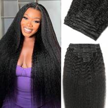 Kinky Straight Clip In Hair Extensions Real Human Hair 8Pcs Yaki Clip Ins Full Head Brazilian Remy Hair Extensions For Women Natural Black Double Weft Clip In - Natural Black - View 1