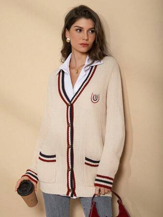 女士通勤长袖撞色边刺绣口袋前开衫，秋冬