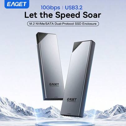 EAGET NVME SATA M.2 SSD Enclosure Adapter, USB 3.2 Gen 2 (10 Gbps) To NVME PCI-E SATA M-Key/(B+M) Key SSD External Hard Drive Enclosure, Aluminum Alloy Housing, UASP Protocol Supported, Fit For 2230/2242/2260/2280 SSD