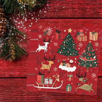 20pcs/40pcs/60pcs/Set,Christmas Party Napkins-Crimson And Green Holiday Tableware With Santa Claus, Reindeer, Snowman, Bells And Gift Box Design-Winter Decorations For Christmas, New Year, Wedding, Birthday-Disposable Napkins