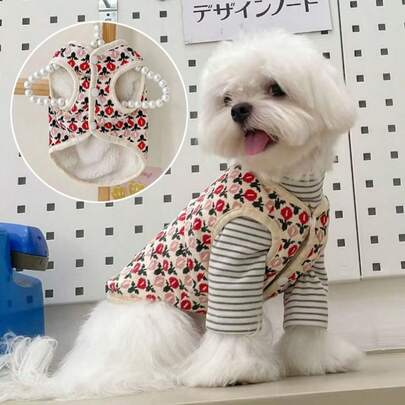 1 قطعة سترة مطبوعة بالكامل بنقشة الزنبق للكلاب والقطط، سترة دافئة مبطنة بفرو مع تصميم أزرار معشقة للارتداء السهل لملابس الحيوانات الأليفة