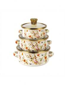 3pcs Enamel Crown Rim Milk Pot, Double Ear Pot, Enamel Bowl, Household Pot, Mini Pot, Enamel Soup Pot, Ramen Bowl, Small Hot Pot, Thick Enamel Pot, Mini Saucepan, Double Ear Electromagnetic Stove, Gas Stew Pot, Cooking Pot, Household Thick Double Ear Stew Pot, Lard Jar, Milk Pot With Lid, Dual-Use Electromagnetic Stove