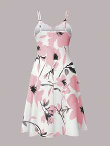 Plus Size Vintage Flower Print Slip Dress With Solid Color Cardigan Set, Elegant Style For Spring/Summer - Baby Pink - View 4