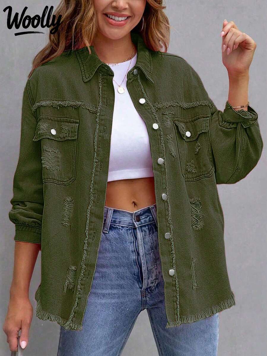 Shirt Collar Long Sleeve Button Front Distressed Frayed Edge Pockets Casual Jacket, Daily Wear - Army Green - View 1
