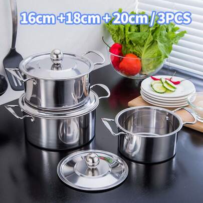 Juego de 3 piezas de utensilios de cocina de acero inoxidable, juego de utensilios de cocina de acero inoxidable con doble asa, incluye tapa, apto para cocina de inducción, utensilios de cocina, olla de acero inoxidable