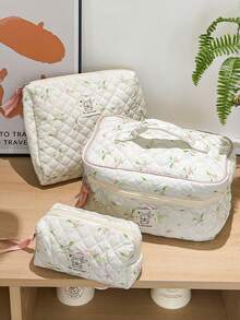 Lily Of The Valley Print Makeup Bag Foam Quilted Cosmetics Storage Bag Fresh Green Flower Pattern Toiletry Bag Large Capacity Cosmetics Storage Bag Set Portable Handheld Travel Makeup Pouch Pink Bow Decor Skincare Storage Bag Girlish Makeup Clutch Bag - Green - View 3