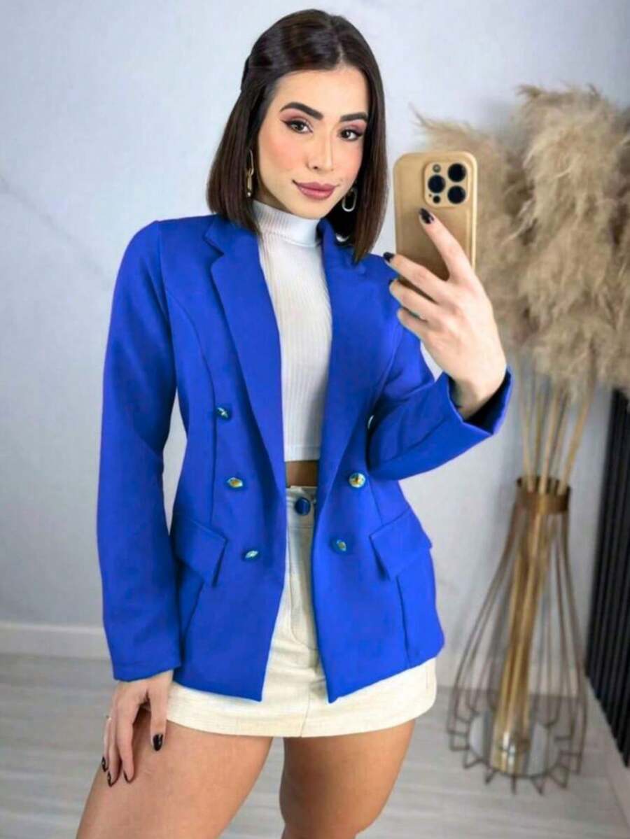 Women's Tailored Blazer Elegant Formal Jacket With Button - Teal Blue - View 1