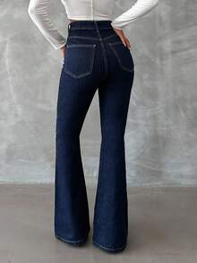 Elegantes jeans ajustados largos de mezclilla para mujer con botones de tela elástica y bolsillos con cremallera para un look informal. - Azul Marino - Ver 4