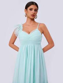 Women's Summer Solid Color Asymmetric Collar Mesh Patchwork Long Cap Sleeve Dress Elegant - Mint Green - View 3