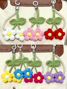 1 pieza Llavero con colgante de flor de pompón de estilo bohemio con cadena de perlas, accesorio creativo para mochila de mujer, accesorio para bolso, regalo de cumpleaños, recuerdo de fiesta