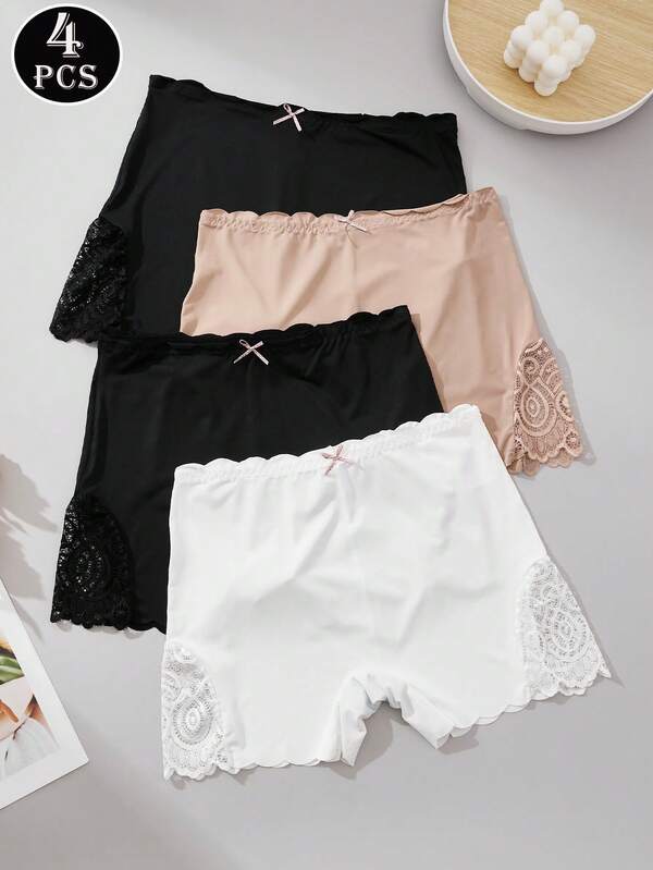 4 PIEZAS - Pantalones cortos de con encaje de seda de hielo sexy para mujeres con decoración de lazo puro y encantador. La ropa interior evita la exposición y no oprime las piernas; entrepierna cómoda, tela de seda de hielo de alta calidad y amigable con la piel, cintura media, alta relación calidad-precio, bragas versátiles para uso diario de mujeres.