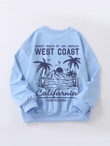 Sudadera de cuello redondo de manga larga con estampado de árbol y mar en estilo casual para niños preadolescentes, ropa de estudiante para otoño e invierno - Celeste - Ver 2