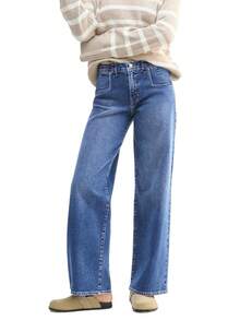 Y2K Straight Leg Baggy Jeans Women, Mid Rise Stretchy Loose Fit Casual Denim Pants Vintage Distressed Pockets - 藍色 - 查看 5