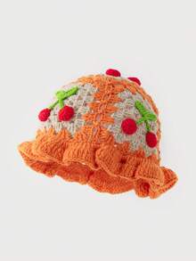 1 件女士手工钩针樱桃针织渔夫帽，温暖且适合秋冬季日常穿着 - F - 查看 2