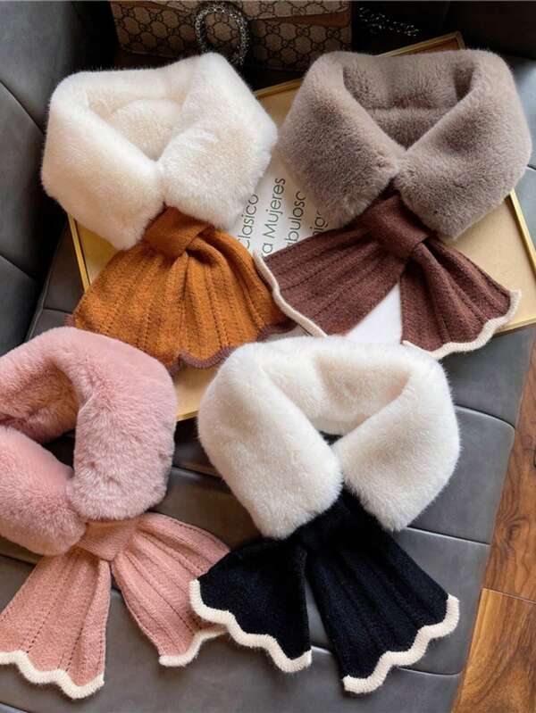 1pc Women's Autumn/Winter Retro Ruffled Thick Faux Fur Neck Warmer, Versatile Crossover Knitted Rabbit Fur Scarf