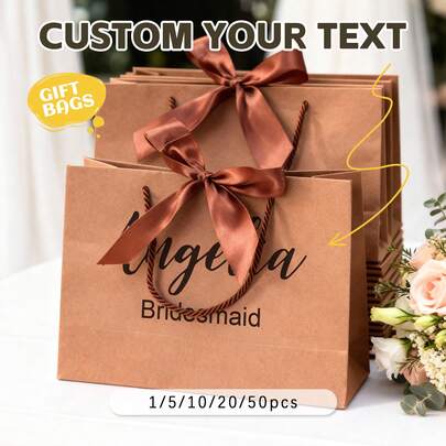 1-50pcs Custom Gift Bag, 28*20*10 Cm Khaki Paper Custom Name Bridesmaid Gift Box, Ideals For Bridal Party, Birthday, Wedding, Engagement, Anniversaries, Graduation, Bridesmaid Gift Bag, Ribbon Tie Gift Bag, Employee Gift Bag, Christmas Gift Bag, Suitable For Bridesmaid Gifts, Wedding Party, Gifts For Her, Gift For Him