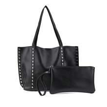 黑色大容量通勤手提包女士时尚铆钉装饰单肩包，独特元素优雅绒面设计手提包，适合约会、日常、购物、海滩度假等各种场合 - 黑色 - 查看 9