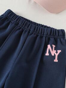 Girls Sweatshirt Set, New Autumn Fashion Casual Solid Color Versatile Minimalist Style Letter Print Funnel Neck Half-Zip Long Sleeve Top And Gray Straight Pants 2pcs Set