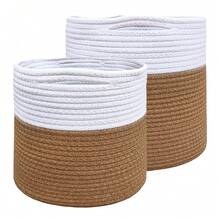 Cesta de almacenamiento de tela Yute, organizador plegable con revestimiento de Cuerda de algodón para ropa y juguetes, Cesta de lavandería de dos colores con asas de transporte fáciles - Blanco / Marrón _KIT-48Lt - Ver 1