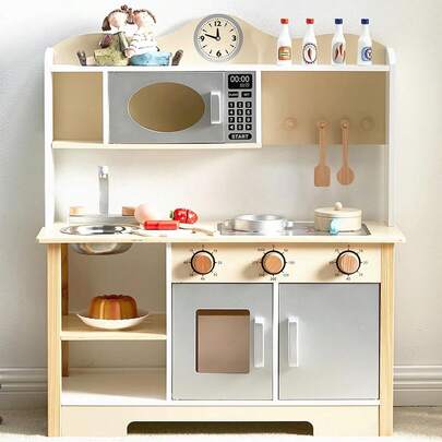 Kids Kitchen Playset, Preschool Cooking Kitchen, Toddler Wooden Pretend Play Toy W/Stove & Cookware Utensils, Realistic Design Learning Chef Toys Kitchen Set Perfect For Boys Girls Christmas, Halloween Gift