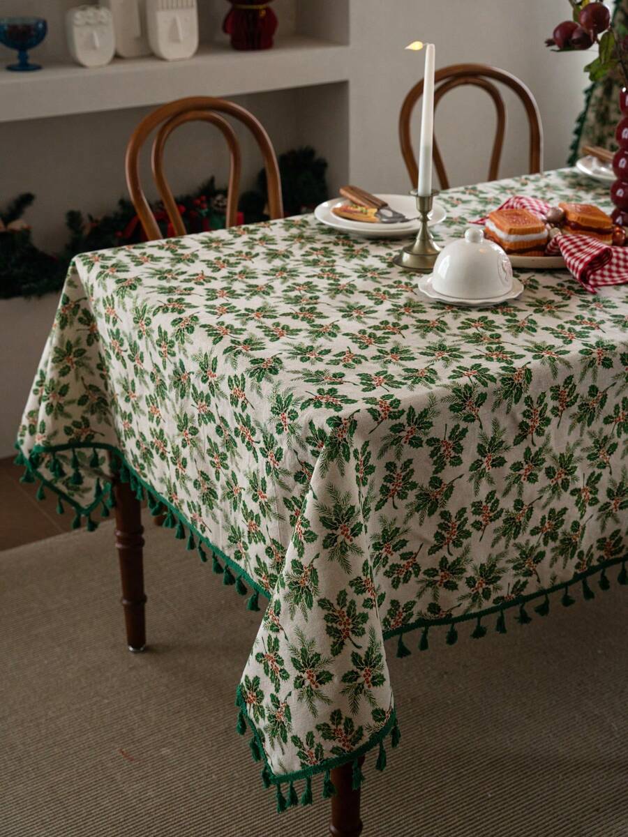 1 pieza Mantel de estilo vintage americano country con estampado de hojas de árbol de frutas, rectangular con flecos, adecuado para uso diario, festivales, reuniones familiares, fiestas de Navidad, decoración de mesa de comedor, decoración del hogar
